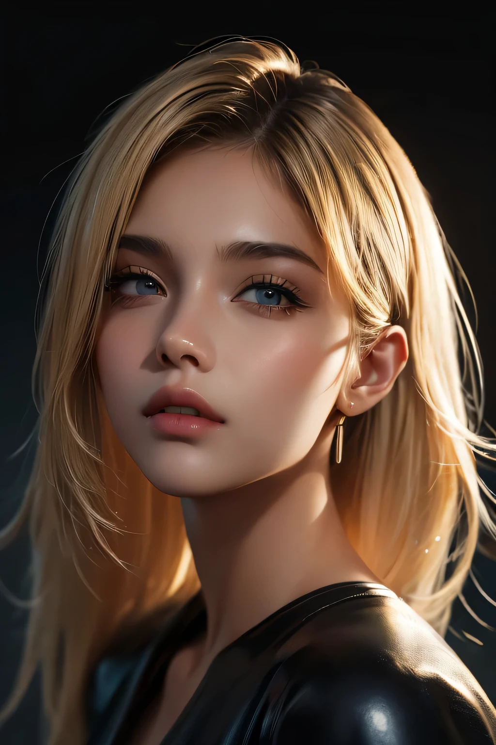 a 20 yo woman, eyes on view, (half body), (full face), blonde, (dynamic poses), (messy fade), dark theme, soothing tones, muted colors, high contrast, (natural skin texture, hyperrealism, soft light, sharp), black background