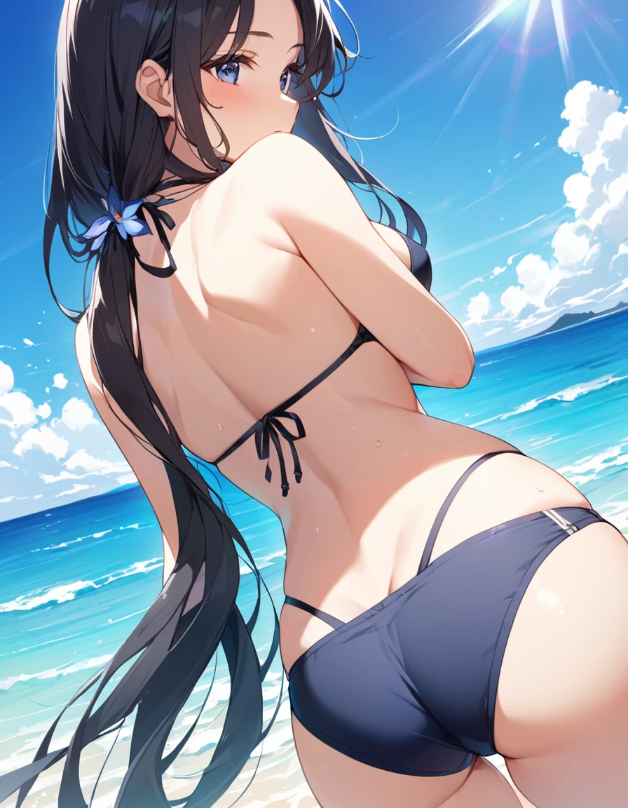 summer、Ocean、blue sky、beautiful girl、bikini、sexy、Low angle、Medium chest、Black Hair、Semi-long hair、Back view、((hip focus))