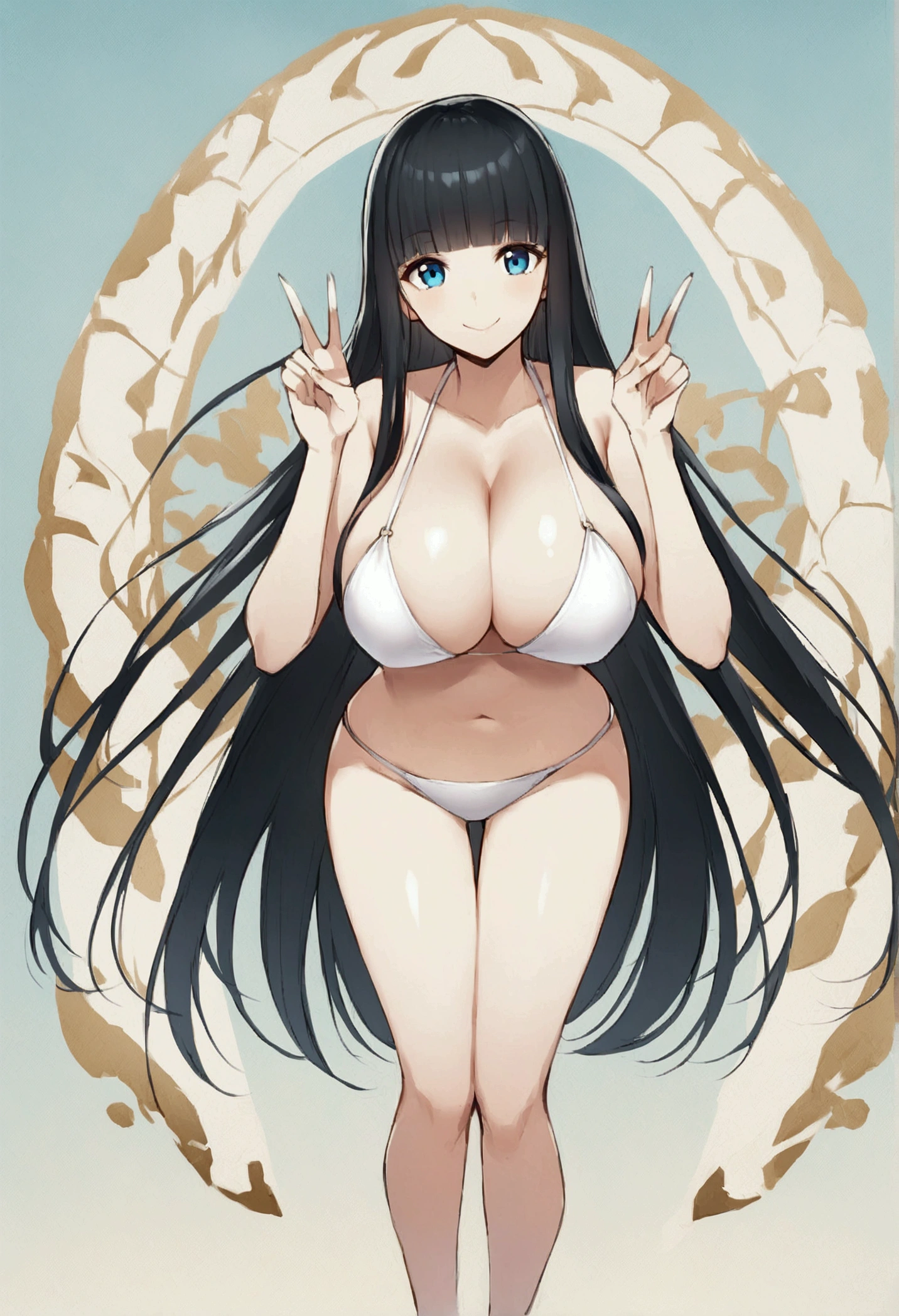 Hime cut with long black hair、Full-body illustration of a girl with straight bangs and blue eyes。she is wearing a white bikini、Have big breasts。She is smiling and making a peace sign with both hands.。