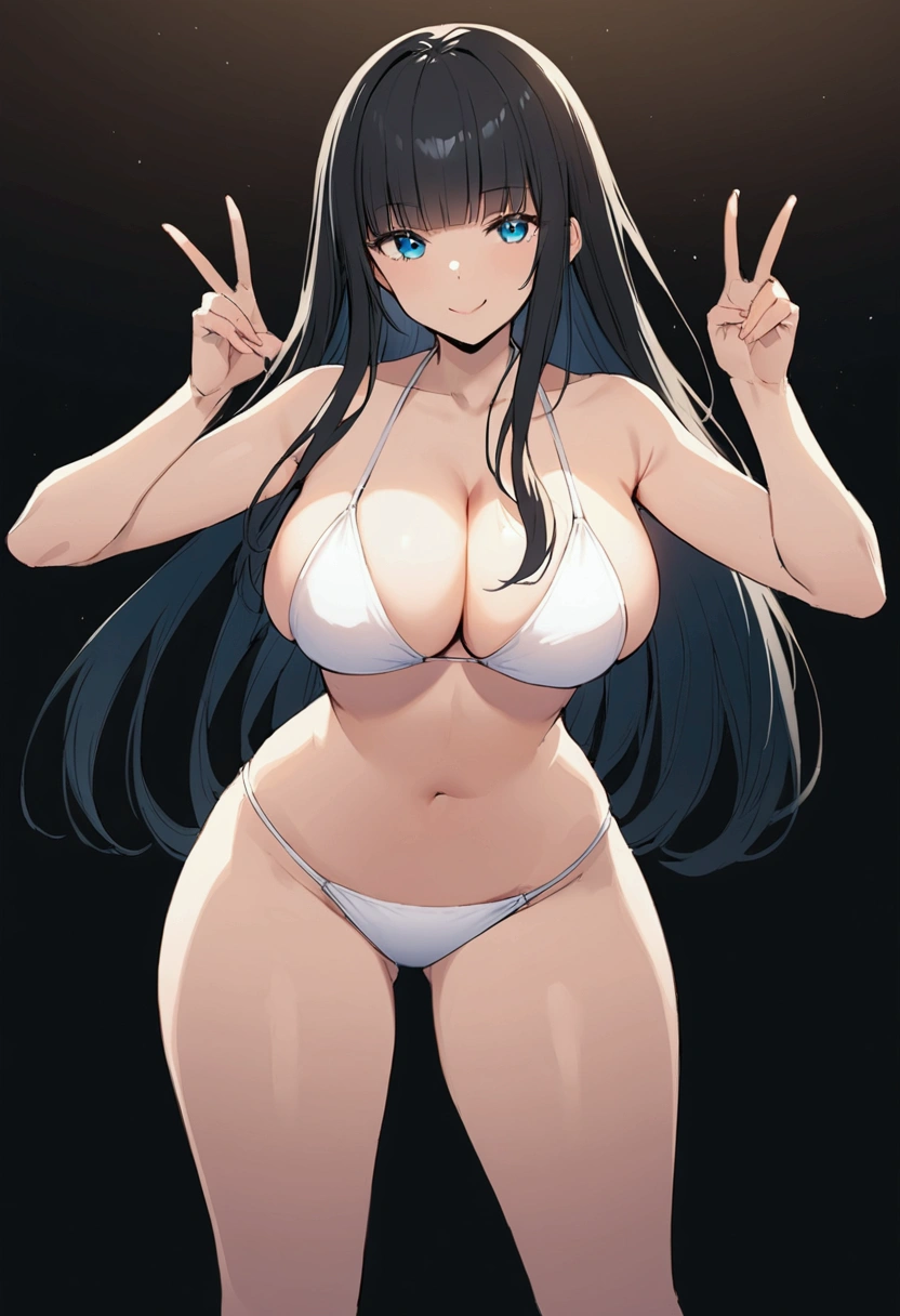 Hime cut with long black hair、Full-body illustration of a girl with straight bangs and blue eyes。she is wearing a white bikini、Have big breasts。She is smiling and making a peace sign with both hands.。