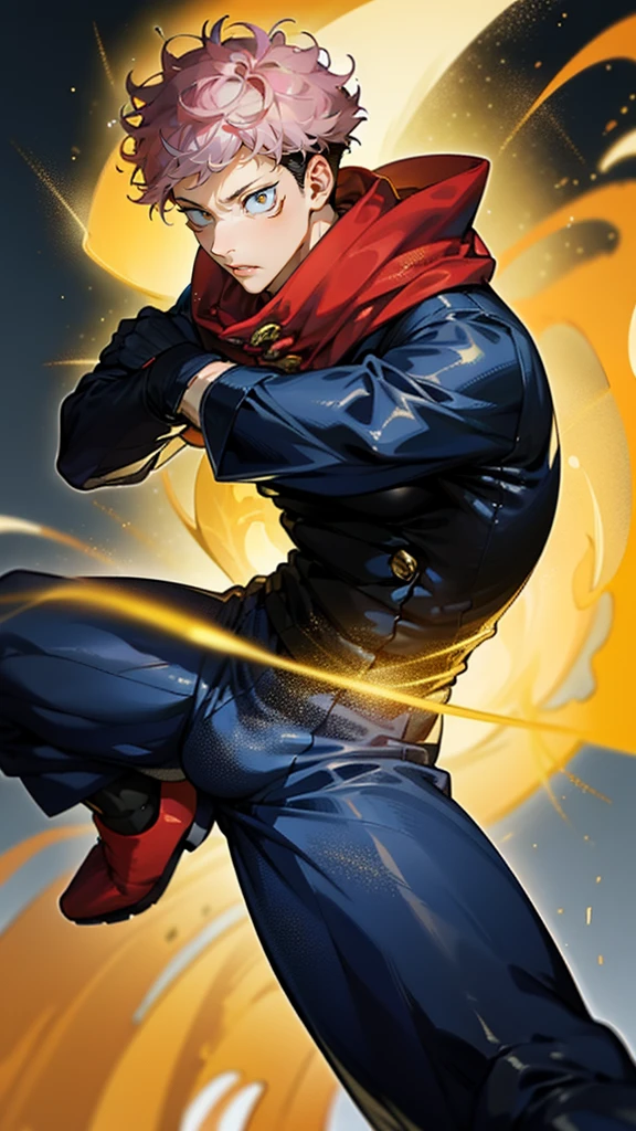 A handsome, dashing young man in the manga series "Jujutsu Kaisen" named, Ita Doti Yuji with his characteristic clothes, black hoodie, and red shoes, with HD, 4K anime photo resolution quality. with a backdrop of sparkling light, body-saving fantasy, as well as dynamic effects, an urban, cyberpunk, atmosphere.