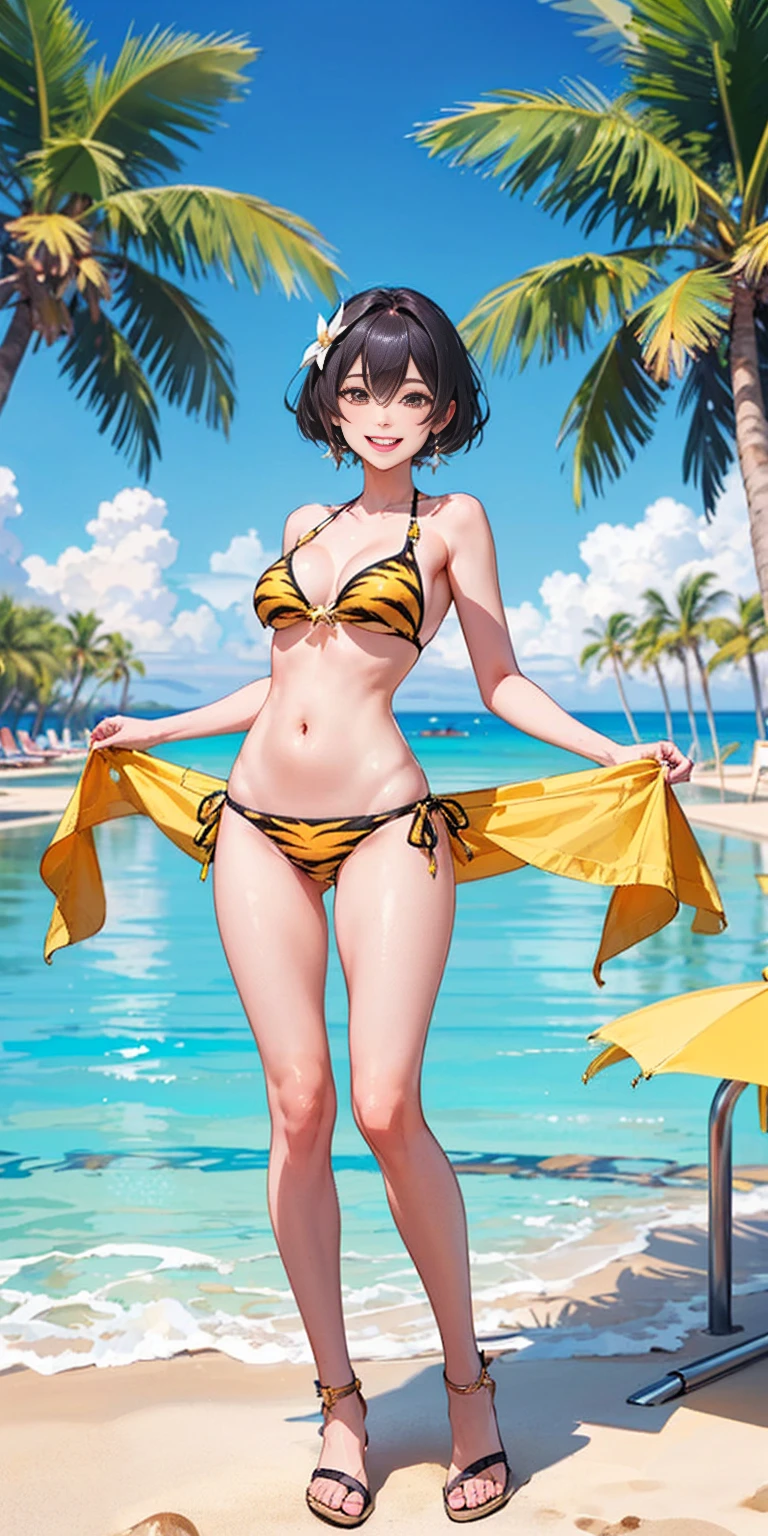 (honkai:_star_rail\) Subject: Woman in yellow tiger print bikini Additional details: Activity: Standing confidently on a beach or a poolside. Background: Sunny day with clear skies (add palm trees for a beach setting). Expression: Smiling and having fun. Pose: Full body shot that is flattering and appropriate for swimwear.