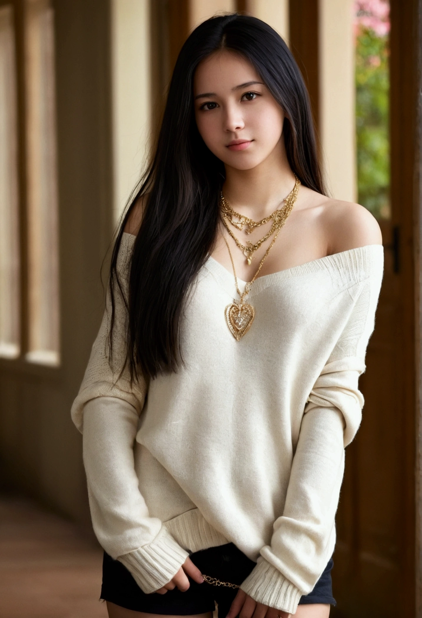 1girl in, 19, Solo, Long hair, Colossal , Looking at Viewer, blackhair, Bare shoulders, Brown eyes, jewely, Full body, a necklace, off shoulders, Sweaters, Realistic, A sexy