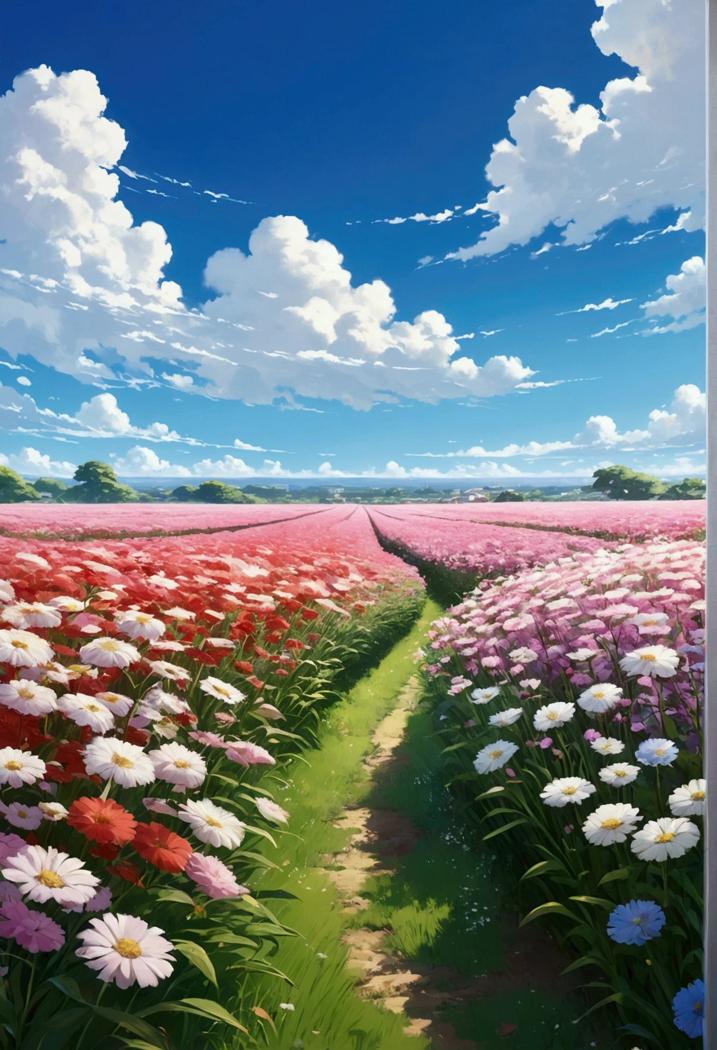 Anime - style scene of a flower fields with beautiful blue sky and white cloud. by makoto shinkai, anime art wallpaper 4k, anime art wallpaper 4 k, anime art wallpaper 8 k, anime wallpaper 4k, anime wallpaper 4 k, 4k anime wallpaper, anime sky, amazing wallpaper, anime background. Ghilbi Vibes ((best quality)), ((masterpiece)), (detailed)