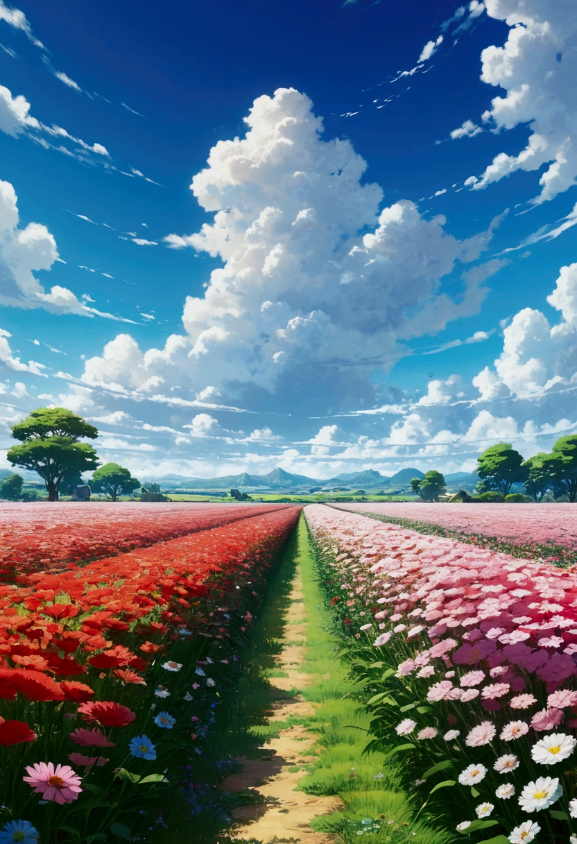 Anime - style scene of a flower fields with beautiful blue sky and white cloud. by makoto shinkai, anime art wallpaper 4k, anime art wallpaper 4 k, anime art wallpaper 8 k, anime wallpaper 4k, anime wallpaper 4 k, 4k anime wallpaper, anime sky, amazing wallpaper, anime background. Ghilbi Vibes ((best quality)), ((masterpiece)), (detailed)