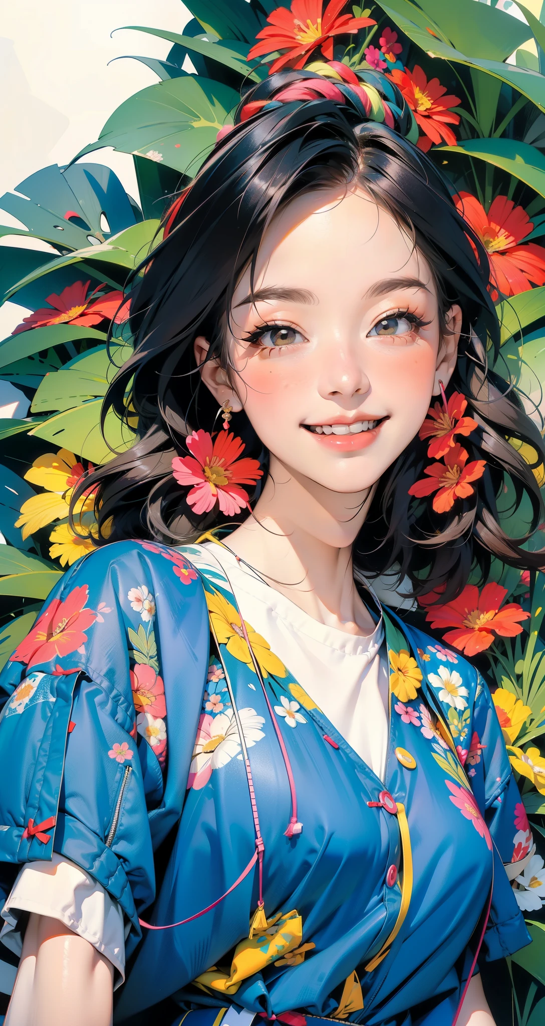 Create digital artwork in the Pop Art style, Featuring a vibrant and confident young Asian girl,street fashion, Movie color scheme, big smile, wink eye, Surrounded by vintage flower motifs, Vibrant brushstrokes,Emotions should be dynamic, Upper body, Drawing, illustration, escala cinza, tropical, Many flowers,