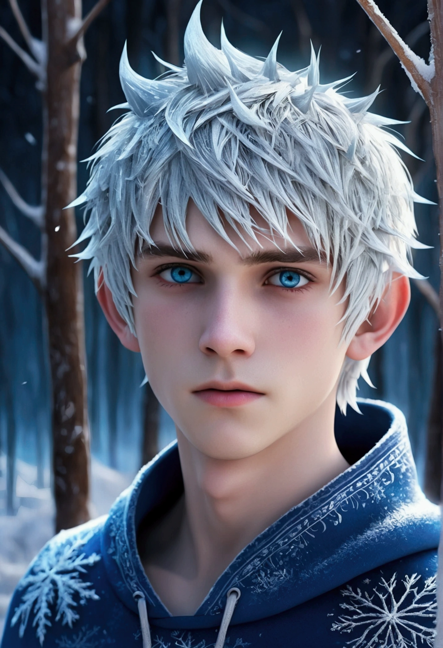 (Jack Frost: 1.6), young man, 18 years old, milk white skin, blue eyes, white hair, shirtless, 6-pax abs, (full body shot), young boy, 18 years old, beutiful, perfect, milk white skin, slim body, very detailed blue eyes, very pale skin, barefoot in a snow forest, winter. (masterpiece:1.4, best quality), (intricate detail), Unity 8k wallpaper, Ultra Detailed, (abstract art:1.2), (Anato Finnstark style:1.3), boy from another dimension, a symphony of iridescent colors merging and shifting seamlessly, dynamic pose with rotating patterns of energy around you, a mix of determination and serenity in his expression, a general feeling of transcendence and exploration, consumed by inner darkness, empty waiting you, (Beautiful cosmic eyes), perfect lighting, perfect shading, ( face)