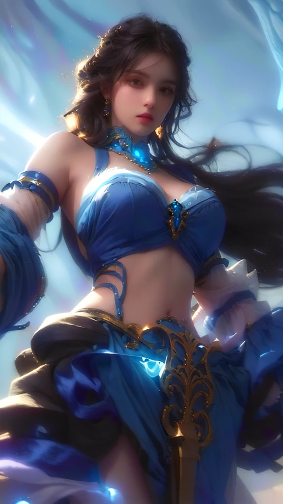 a close up of a woman in a beautiful blue dress, holding a glowing magical sword, intricate detailed face, piercing eyes, lush flowing hair, detailed ornate jewelry, dramatic lighting, fantasy, digital painting, highly detailed, cinematic, masterpiece, 8k, photorealistic