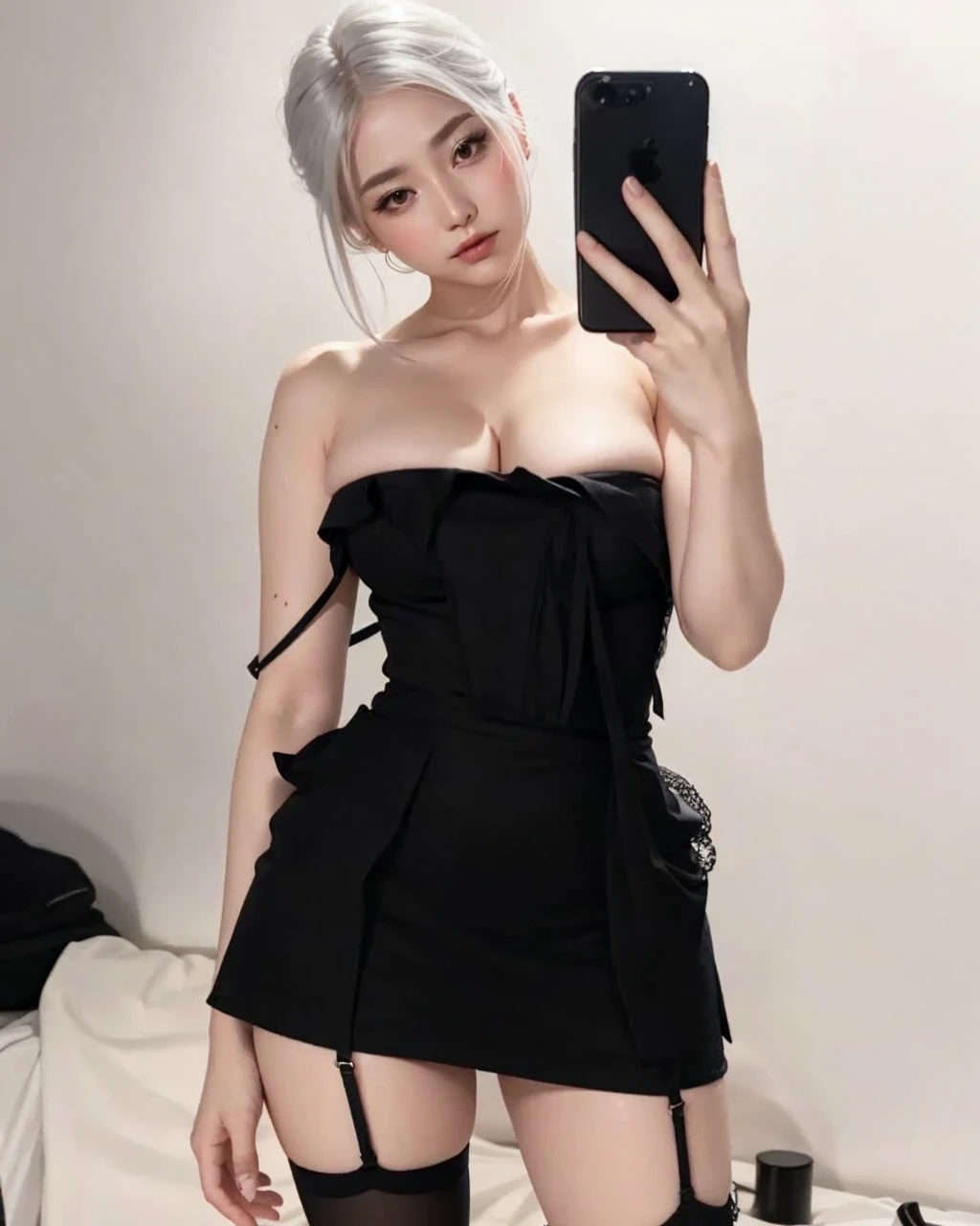 white hair, neckline, wavy hair, big breasts, pale, korean light makeup, thick thighs, feminine delicate hands, cintura de avispa 