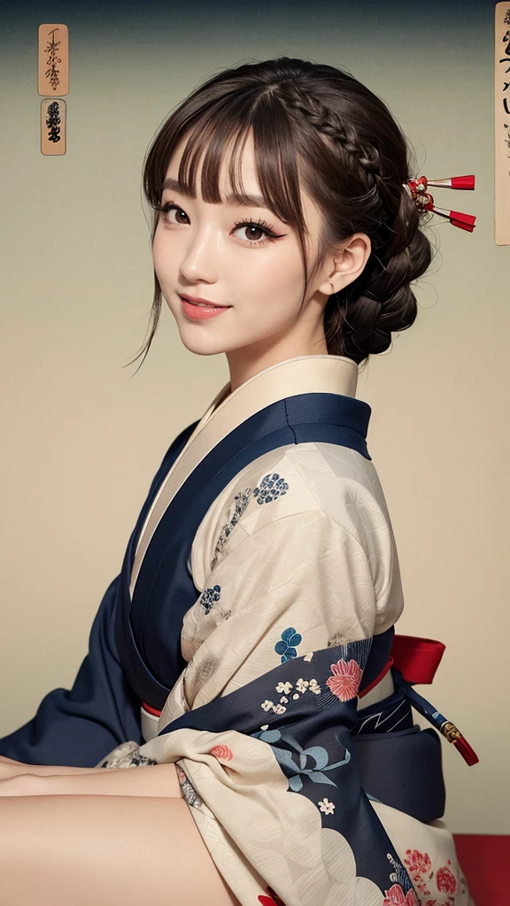 Realistic, masterpiece, Highest quality, Highest Resolution, Anatomically correct, Accurate Anatomy, Five fingers, One Japanese woman, Smile and show your teeth a little., Fine and beautiful eyes, Sparkling eyes, Thin eyebrows, Gives lashes a delicate finish, False eyelashes, (Ukiyo-e Makeup:1.2), (Braided hair, Blunt bangs, Brown Hair:1.2), Detailed face, Sharp Eyes, (Casual Japanese clothing:1.3), Photo taken from the thigh up, Blank background in warm colors