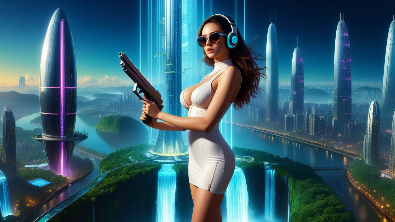 Futuristic floating city, huge high-tech tablet platform, airship, colorful lights, skyscrapper, transparent path, lush greenery, sky gardens, waterfalls, sparkling river, transparent dome, walkway, tower, very dark night, holographic display, aerial view. (((((1girl, solo, alone))))), large-breast:1.2 slim body, cleavage:1.1, sexy elegant long white dress, (headphone, black sunglasses), (((standing and holding pistol pose))), (((half-body thigh level medium shot))), cinematic lighting, lens flare, ray tracing.