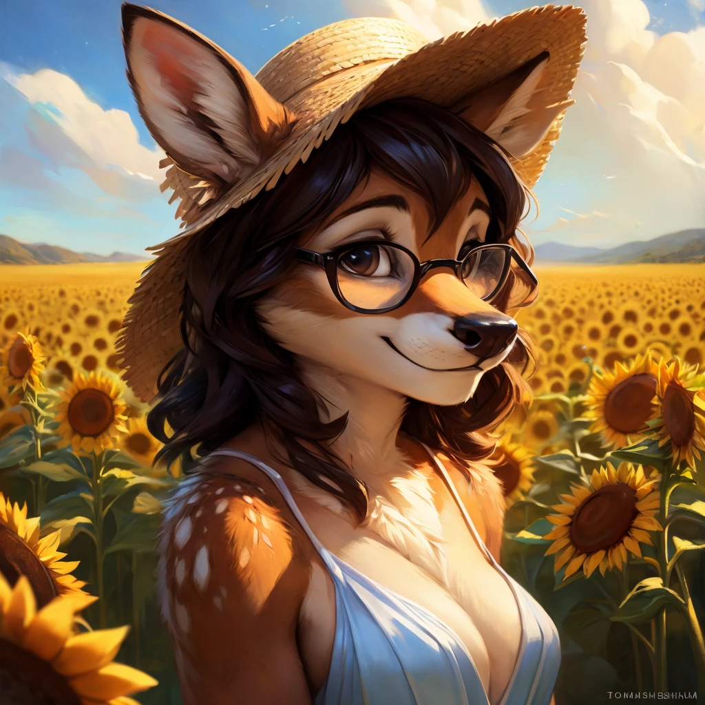 uploaded on e621, by Pixelsketcher, by Bayard Wu, by Thomas Benjamin Kennington , by Einshelm, by hioshiru and kenket, Chunie, portrait, solo anthro female deer doe, with small featureless breasts, clear dark blue, cinematic lighting, day, sunny day, sunflower field, stands in a high sunflower field, sunflower field background, sunflowers, mediterranean background, horizon background, shiny, short curly dark brown hair, wears big black nerd glasses, very very beautiful furry art, furry art, smiling, joyful, shiny, happy, feminine, cute face, muzzle, fluffy chest, flawless face, Fallow deer, 1girl, Sakimichan is beautiful, Masterpiece, Wavethesallow Face, shiny, Detailed image, portrait, Detailed image, portrait, full body, wearing pure white and wide spaghetti straps dress, wearing big and wide beige summer straw hat, shiny, realistic face, perfect anatomy, hourglass body, (furry body:1.1), anthropomorphic deer, looks at the viewer, small fluffy tail, detailed background, (cute anatomy:1.1)