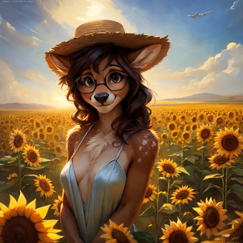 uploaded on e621, by Pixelsketcher, by Bayard Wu, by Thomas Benjamin Kennington , by Einshelm, by hioshiru and kenket, Chunie, portrait, solo anthro female deer doe, with small featureless breasts, clear dark blue, cinematic lighting, day, sunny day, sunflower field, stands in a high sunflower field, sunflower field background, sunflowers, mediterranean background, horizon background, shiny, short curly dark brown hair, wears big black nerd glasses, very very beautiful furry art, furry art, smiling, joyful, shiny, happy, feminine, cute face, muzzle, fluffy chest, flawless face, Fallow deer, 1girl, Sakimichan is beautiful, Masterpiece, Wavethesallow Face, shiny, Detailed image, portrait, Detailed image, portrait, full body, wearing pure white and wide spaghetti straps dress, wearing big and wide beige summer straw hat, shiny, realistic face, perfect anatomy, hourglass body, (furry body:1.1), anthropomorphic deer, looks at the viewer, small fluffy tail, detailed background, (cute anatomy:1.1)