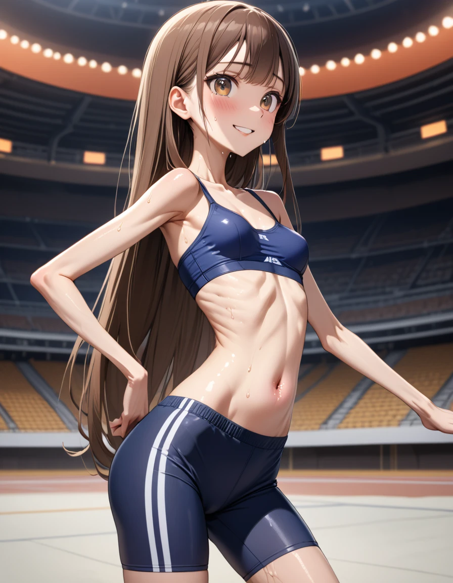 (masterpiece,Highest quality:1.3,Highest qualityのイラスト),Cowboy Shot,1 Female,-yeld Ja beauty,((very small head:1.4)),Long brown hair,bangs,Brown eyes,Gorgeous eyes,blush,smile,Small breasts,((Very long body:1.4)),(Toned body,Slender body,skinny,Sunburn),(Navy blue sports bra、belly button、Dark blue sports shorts),Glowing Skin,Shiny skin,(Sweat:1.3),Are standing,Arena、Sexy pose、