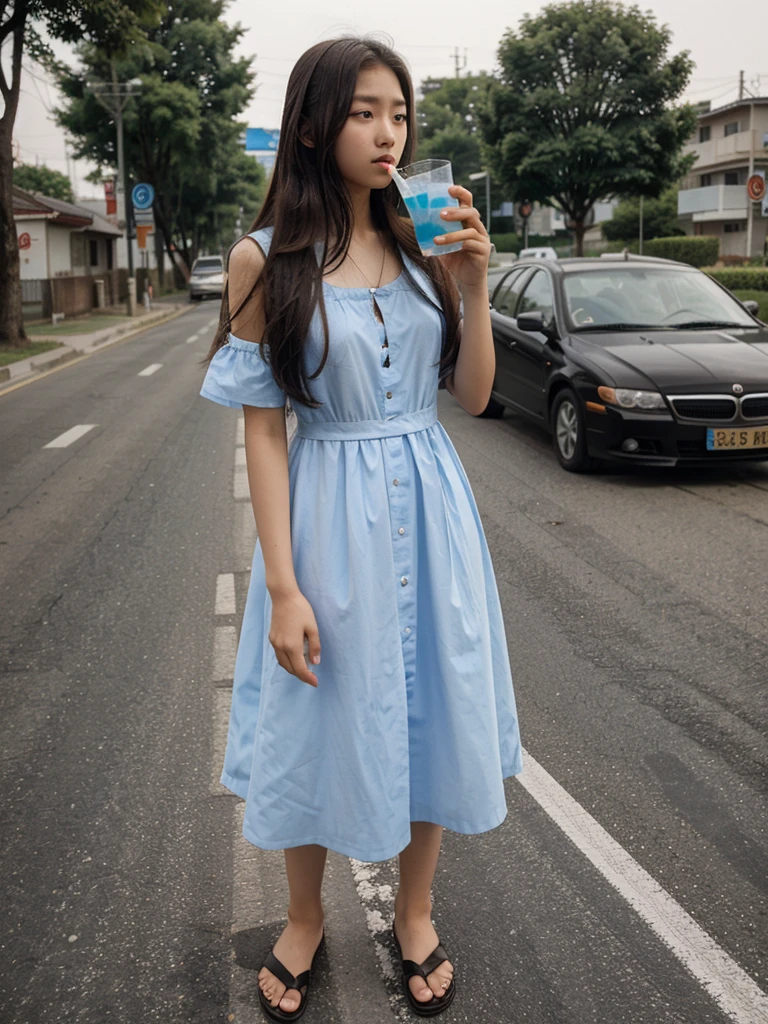 A 15-year-old Korean with long hair,Standing on the road wearing a dress、drinking a drink