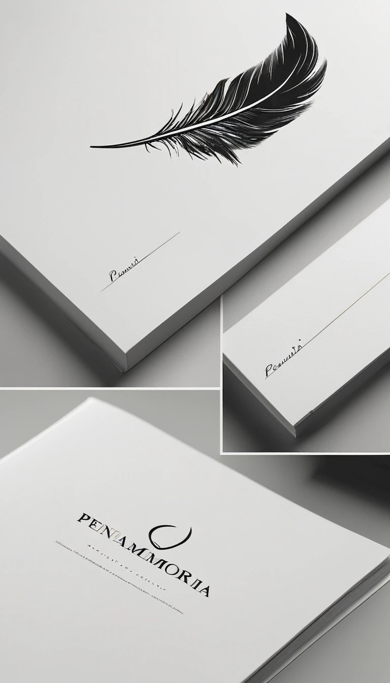 A minimal, modern, simple, cinematic logotype for the brand “Penamemoria". The logotype must be a simple, magical feather. The logo must convey a sense of music, stories and dreams. Logo design impressed on a book cover. Minimalistic logo
