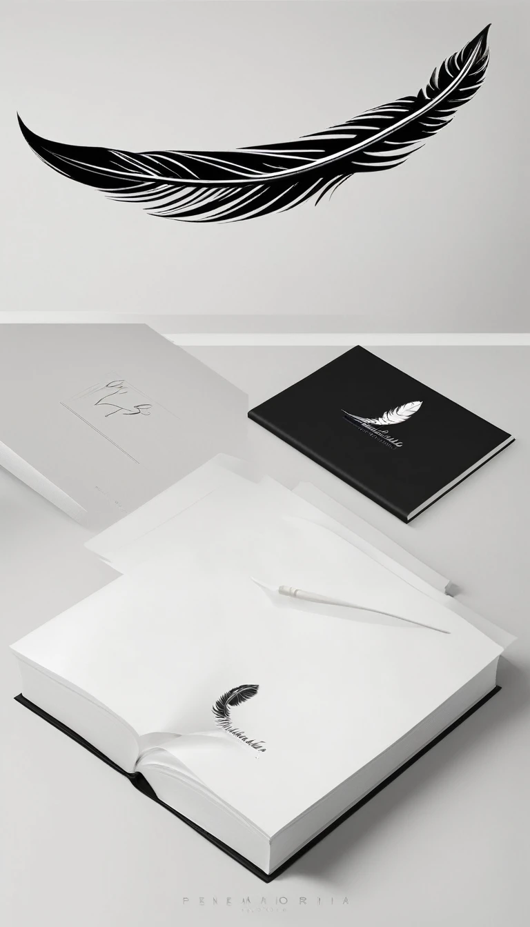 A minimal, modern, simple, cinematic logotype for the brand “Penamemoria". The logotype must be a simple, magical feather. The logo must convey a sense of music, stories and dreams. Logo design impressed on a book cover. Minimalistic logo
