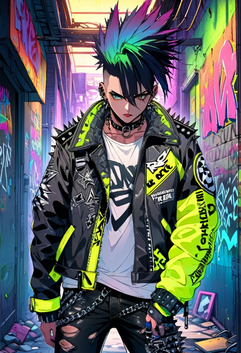 A man with a metal punk style is walking down the streets in a dystopian world. The scene is set in a world dominated by metallic elements and punk aesthetics. The man's appearance is characterized by a rebellious and edgy fashion style, with an outfit consisting of leather jackets, ripped jeans, and heavy metal accessories. His hair is spiked and dyed in vibrant neon colors, showcasing his fierce personality.

The environment around him is heavily influenced by a post-apocalyptic setting, with dilapidated buildings and crumbling infrastructure. The streets are filled with graffiti and signs of rebellion, reflecting the punk subculture that permeates this world. Neon lights flicker in the dimly lit alleyways, casting an eerie glow and creating an atmosphere of tension and uncertainty.

The man's movements are confident and purposeful as he navigates through the abandoned streets. His eyes are piercing and filled with determination, while his lips are sealed with an expression of defiance. The attention to detail in depicting his eyes and facial features is paramount to capture the essence of his rebellious nature.

The overall image quality is of the highest standard, with a focus on ultra-detailed rendering and vivid colors. Each design element, from the textured leather of his jacket to the intricate patterns in the graffiti, is meticulously crafted to create a photorealistic masterpiece. The lighting technique enhances the dramatic atmosphere, with shadows and neon reflections adding depth to the scene.

In terms of art style, the prompt emphasizes the fusion of punk aesthetics with a dystopian world, resulting in a unique blend of urban grit and metallic elements. This combination creates a visually striking and thought-provoking image.

The color palette is dominated by dark hues, with accents of vibrant neon colors to create a contrast and enhance the futuristic atmosphere. The lighting technique further emphasizes this contrast, with bright neon lights contra