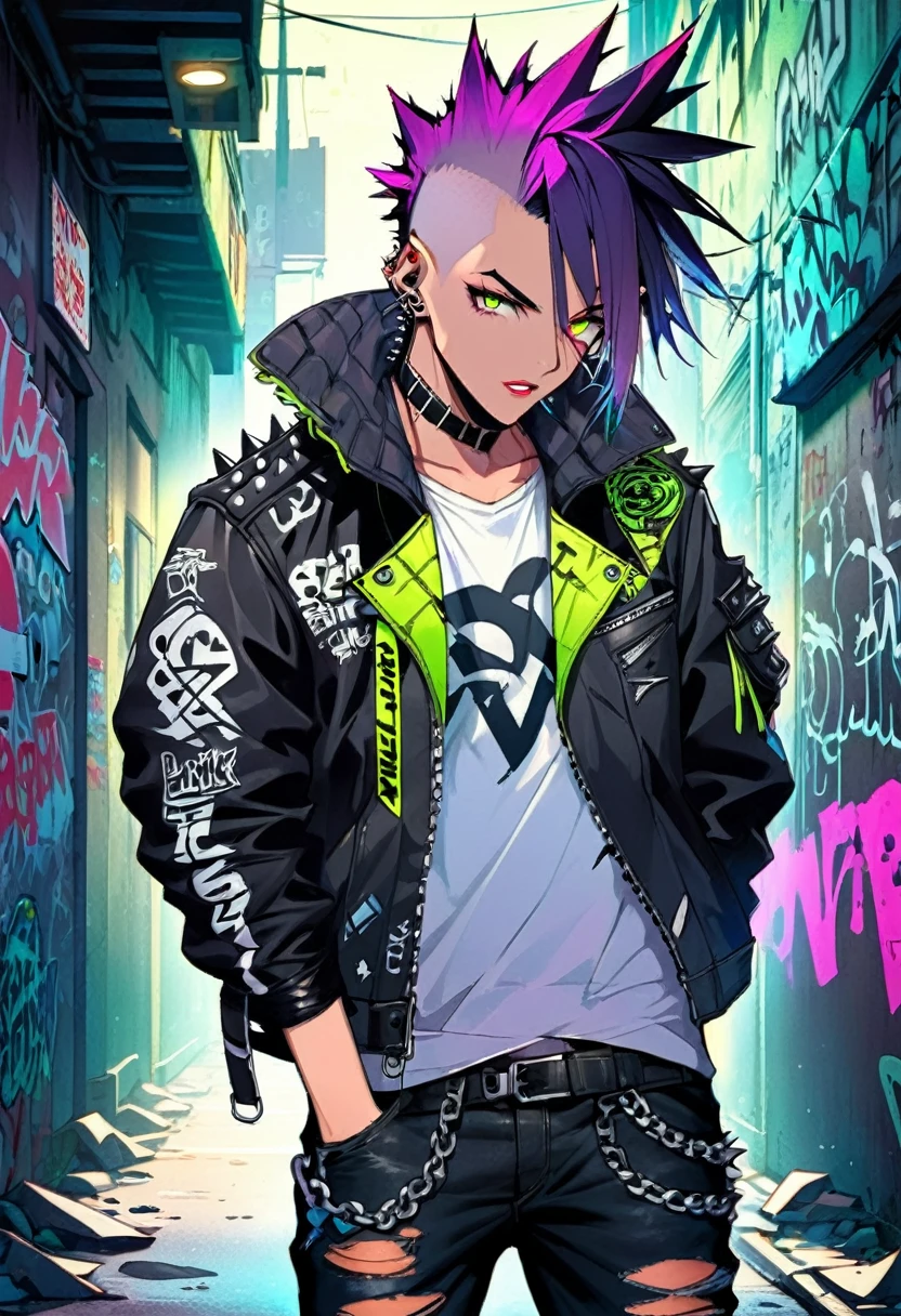 A man with a metal punk style is walking down the streets in a dystopian world. The scene is set in a world dominated by metallic elements and punk aesthetics. The man's appearance is characterized by a rebellious and edgy fashion style, with an outfit consisting of leather jackets, ripped jeans, and heavy metal accessories. His hair is spiked and dyed in vibrant neon colors, showcasing his fierce personality.

The environment around him is heavily influenced by a post-apocalyptic setting, with dilapidated buildings and crumbling infrastructure. The streets are filled with graffiti and signs of rebellion, reflecting the punk subculture that permeates this world. Neon lights flicker in the dimly lit alleyways, casting an eerie glow and creating an atmosphere of tension and uncertainty.

The man's movements are confident and purposeful as he navigates through the abandoned streets. His eyes are piercing and filled with determination, while his lips are sealed with an expression of defiance. The attention to detail in depicting his eyes and facial features is paramount to capture the essence of his rebellious nature.

The overall image quality is of the highest standard, with a focus on ultra-detailed rendering and vivid colors. Each design element, from the textured leather of his jacket to the intricate patterns in the graffiti, is meticulously crafted to create a photorealistic masterpiece. The lighting technique enhances the dramatic atmosphere, with shadows and neon reflections adding depth to the scene.

In terms of art style, the prompt emphasizes the fusion of punk aesthetics with a dystopian world, resulting in a unique blend of urban grit and metallic elements. This combination creates a visually striking and thought-provoking image.

The color palette is dominated by dark hues, with accents of vibrant neon colors to create a contrast and enhance the futuristic atmosphere. The lighting technique further emphasizes this contrast, with bright neon lights contra