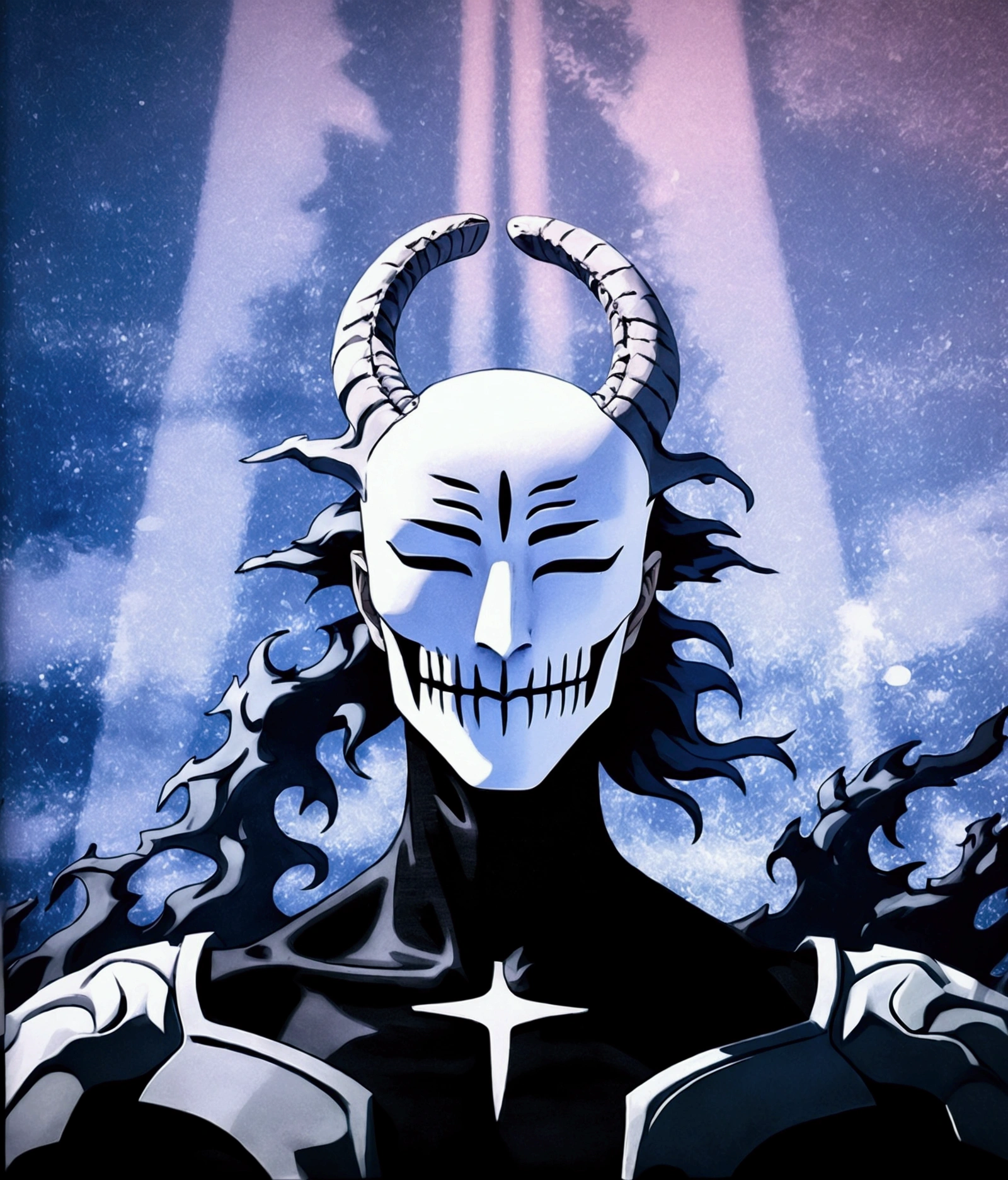 a mask completely destroyed and fragmented, completely glued together and with a broken horn appeared from the forehead ,hollow mask, bleach anime