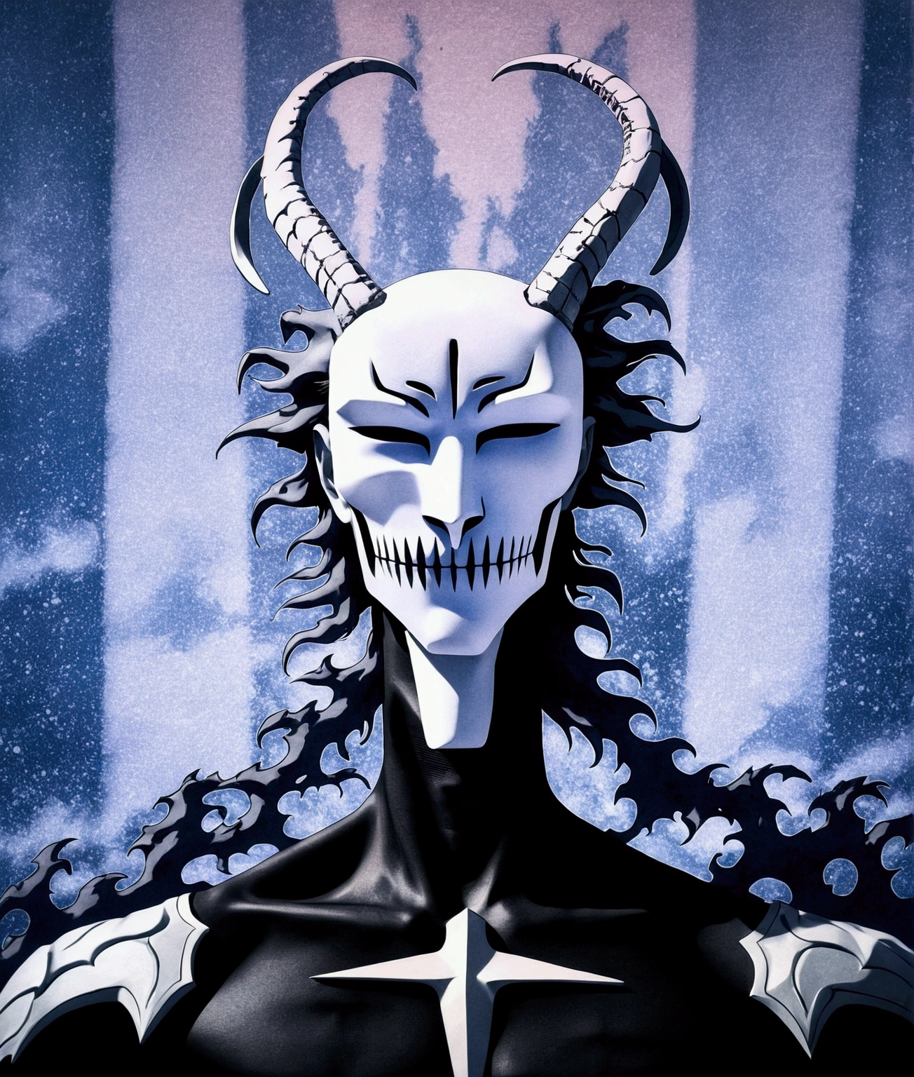 a mask completely destroyed and fragmented, completely glued together and with a broken horn appeared from the forehead ,hollow mask, bleach anime