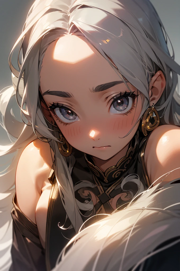 Beautiful adult girl, Long wavy gray hair, big gray eyes, frightened facial expression, Long eyelashes, a lot of decorations, jewelry, closed clothing, , shine, tanned skin, Complacency, confidence, bright background, beautiful collected hairstyle, anxiety, in the frame a man&#39;s hand reaches out to a girl&#39;s face