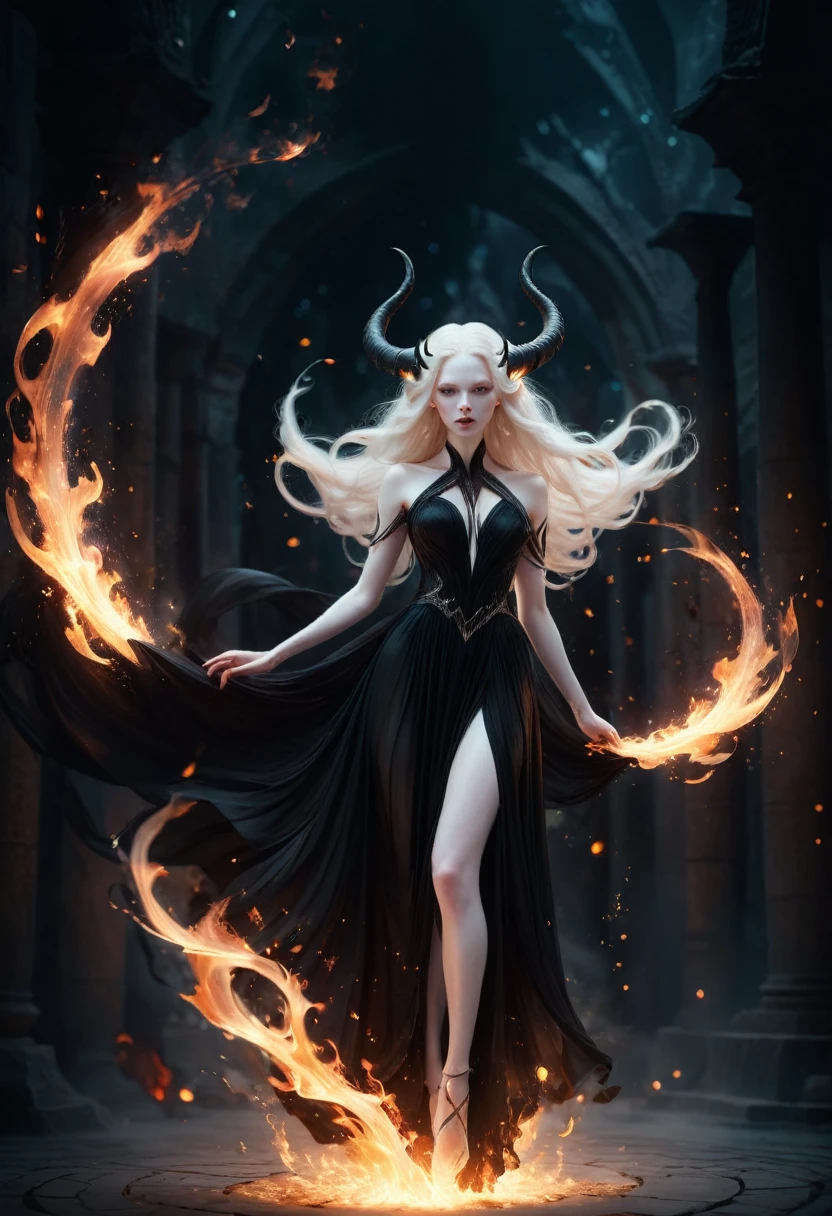 whole body, Solitary,A beautiful female demon, With deep black eyes, Albinos with very pale skin, Long hair fluttering in the wind, Floating flame particles, Long flowing transparent black dress, (Long and complex horns:1.2) desolate, surreal fantasy, at night, Geometric abstract art, fantasy, detailed, (Rim Light, Side lighting:1.4), Bokeh, 4K