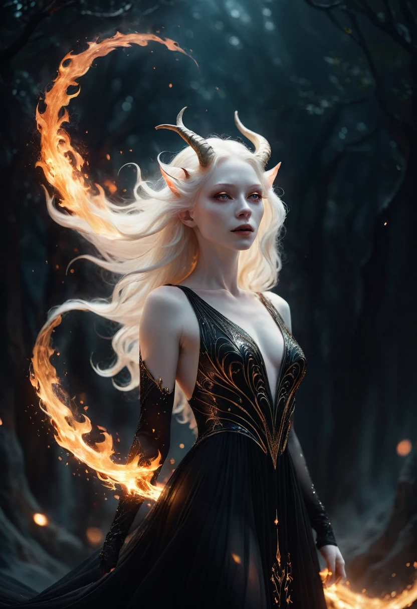 whole body, Solitary,A beautiful female demon, With deep black eyes, Albinos with very pale skin, Long hair fluttering in the wind, Floating flame particles, Long flowing transparent black dress, (Long and complex horns:1.2) desolate, surreal fantasy, at night, Geometric abstract art, fantasy, detailed, (Rim Light, Side lighting:1.4), Bokeh, 4K