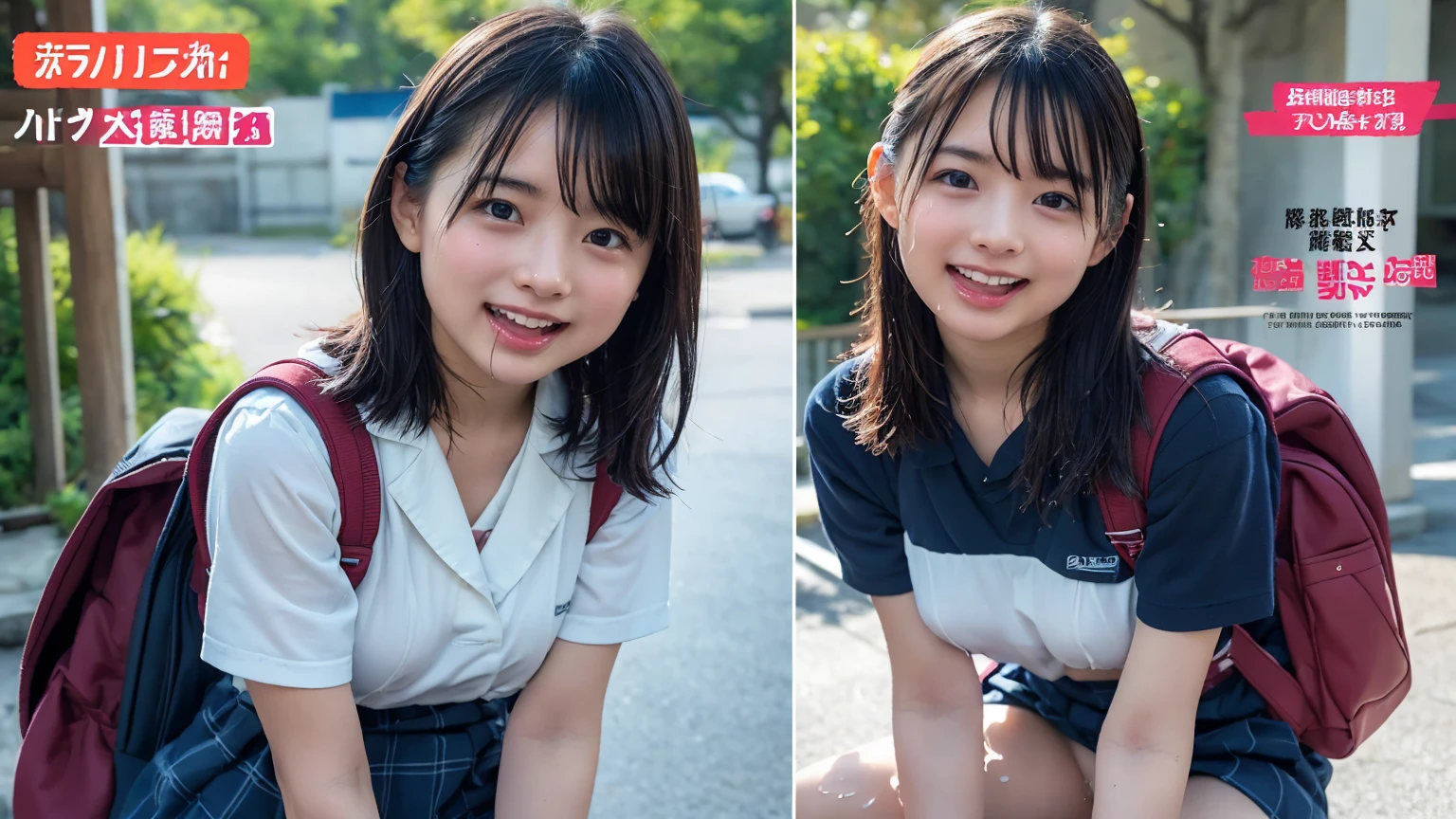 (２Split Photo:1.3)、Magazine Cover:1.3、Japanese,10 years old,Innocent face,Teenage Girl,cute,Primary school students,Private elementary school,uniform,Carrying a small red backpack,Summer clothes,Sitting、front、Cute smile、Laugh with your mouth wide open、((Semen dripping from the mouth:1.2))、Mouth full of semen:1.5、A lot of semen on the tongue、((Cloudy, thick semen))、whole body、Full Body、Semen dripping from the genitals、You can see the nipples、Not wearing a bra