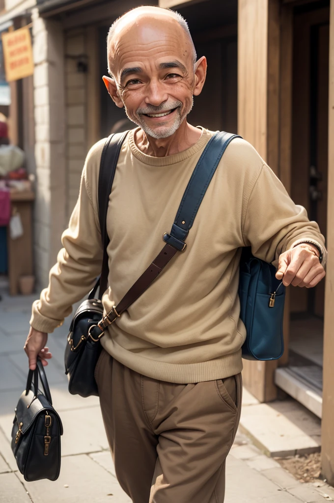 an old, He's light brown, very short semi-bald hair, old clothes and always with a smile on her face and has a magic bag that throws shit