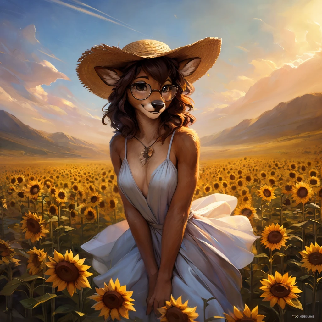 uploaded on e621, by Pixelsketcher, by Bayard Wu, by Thomas Benjamin Kennington , by Einshelm, by hioshiru and kenket, Chunie, portrait, solo anthro female deer doe, with small featureless breasts, clear dark blue, cinematic lighting, day, sunny day, sunflower field, stands in a high sunflower field, sunflower field background, sunflowers, mediterranean background, horizon background, shiny, short curly dark brown hair, wears big black nerd glasses, very very beautiful furry art, furry art, smiling, joyful, shiny, happy, feminine, cute face, muzzle, fluffy chest, flawless face, Fallow deer, 1girl, Sakimichan is beautiful, Masterpiece, Wavethesallow Face, shiny, Detailed image, portrait, Detailed image, portrait, full body, wearing pure white and wide spaghetti straps dress, wearing big and wide beige summer straw hat, shiny, realistic face, perfect anatomy, hourglass body, (furry body:1.1), anthropomorphic deer, looks at the viewer, small fluffy tail, detailed background, (cute anatomy:1.1)