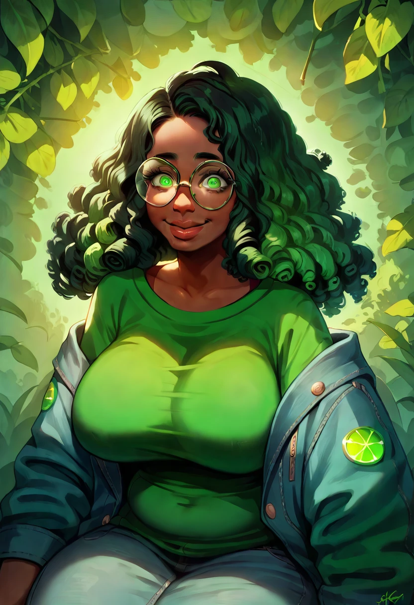 (masterpiece:1.2), (best quality), (ultra detailed), (8k, 4k, intricate),(half-body-shot:1), (highly detailed:1.2),(detailed background:1.2),((big breasts)),((smiling,plump lips))Cute dark skin girl with glasses wearing an lime green shirt that has an fruit logo in the middle of it, denim jacket, sitting in a park with a tree, wavy long black hair and glasses, oversized emerald eyes, clear green eyes, dark skinned, long curly green hair, her face framed with curls, wearing small round glasses, girl with glasses, nerdy black girl, wearing thin large round glasses, with square glasses, girl wearing round glasses