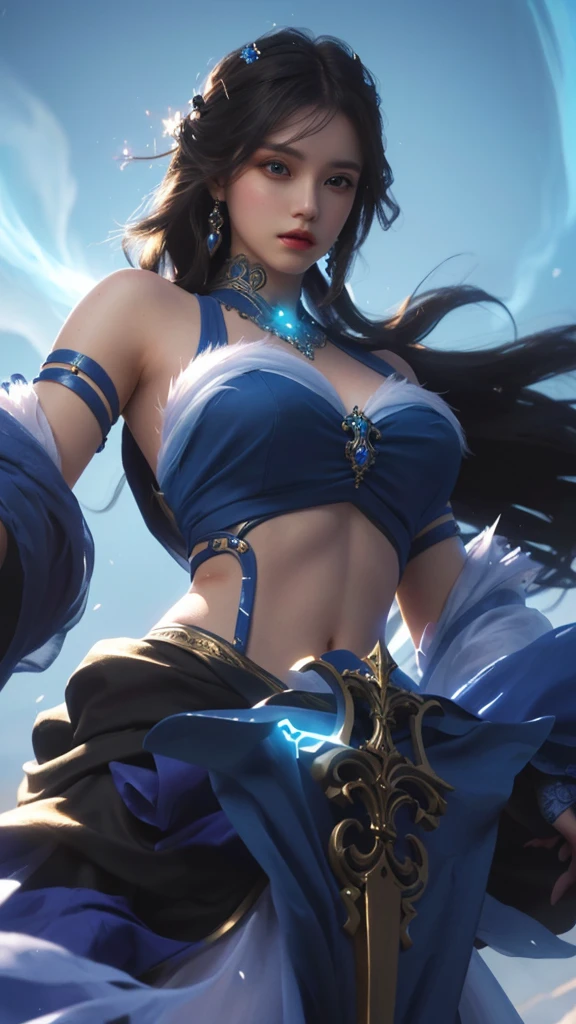 a close up of a woman in a beautiful blue dress, holding a glowing magical sword, intricate detailed face, piercing eyes, lush flowing hair, detailed ornate jewelry, dramatic lighting, fantasy, digital painting, highly detailed, cinematic, masterpiece, 8k, photorealistic