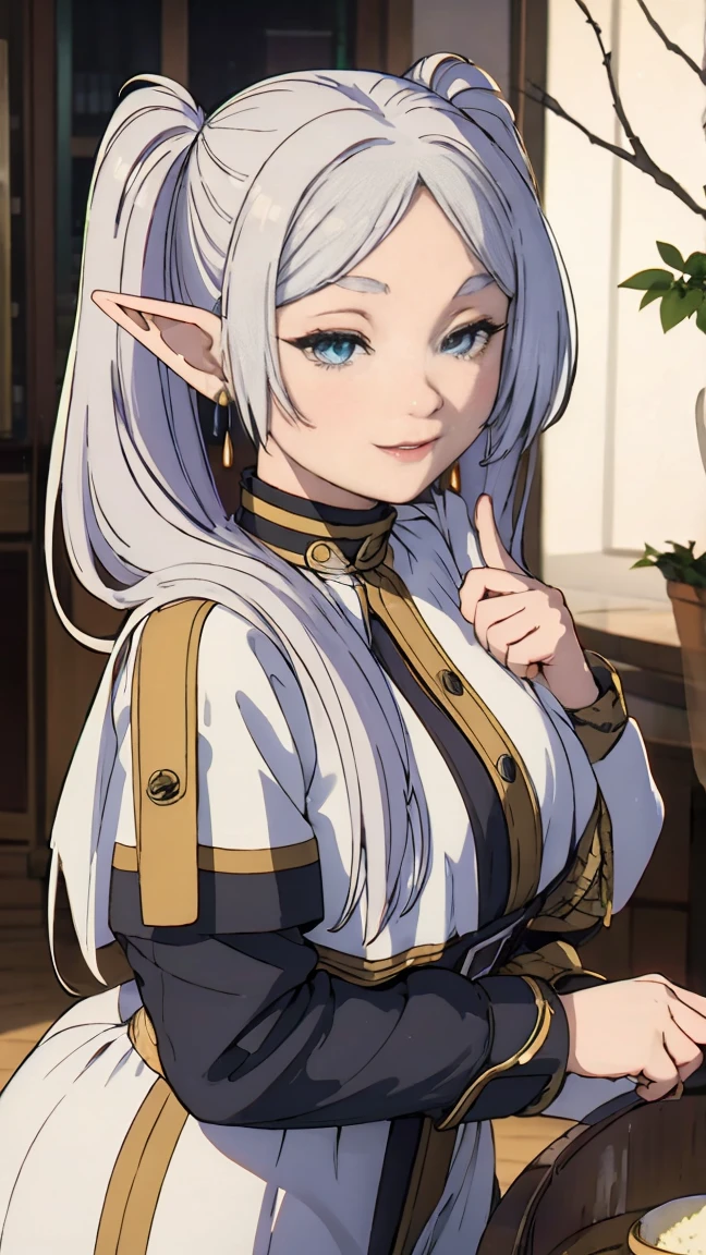 (Best quality, masterpiece),sexy,  Erotic, 18+, NFV, 1 girl, 30 years, deafening, Cute, smile, hourglass figure, maid costume, Beautiful food, , Long white hair, two ponytails,blue detailed sparkling eyes, elf ears