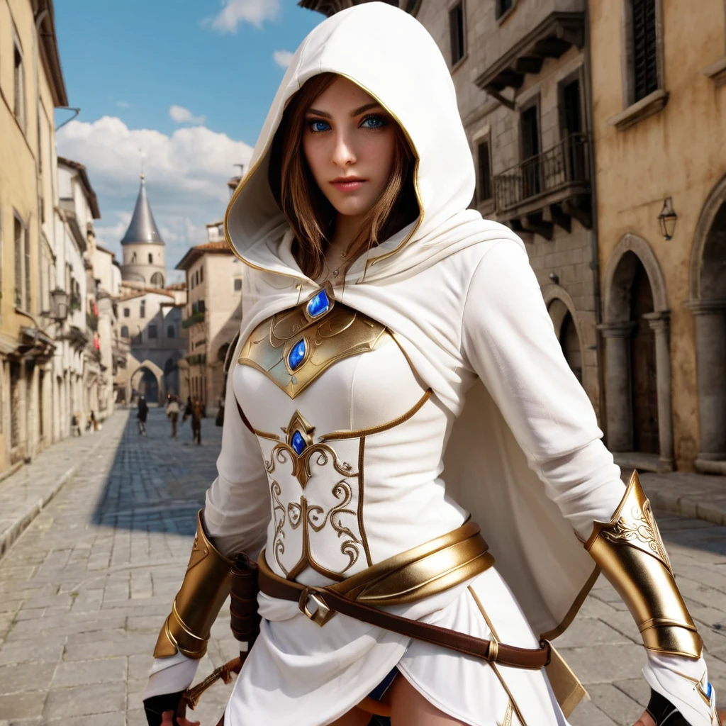 A full-body shot of Princess Zelda, brown hair, blue eyes, dressed as an Assassin from Assassins Creed, in white+gold witha white mask and hood with gold details, XL bust, using a wrist blade. Background: A city during the renaissance period. Unreal Engine 5, Anime, Anime style, Masterpiece, Well drawn eyes, well drawn face, well detailed eyes, well detailed face, 8k, light and shadow effect.