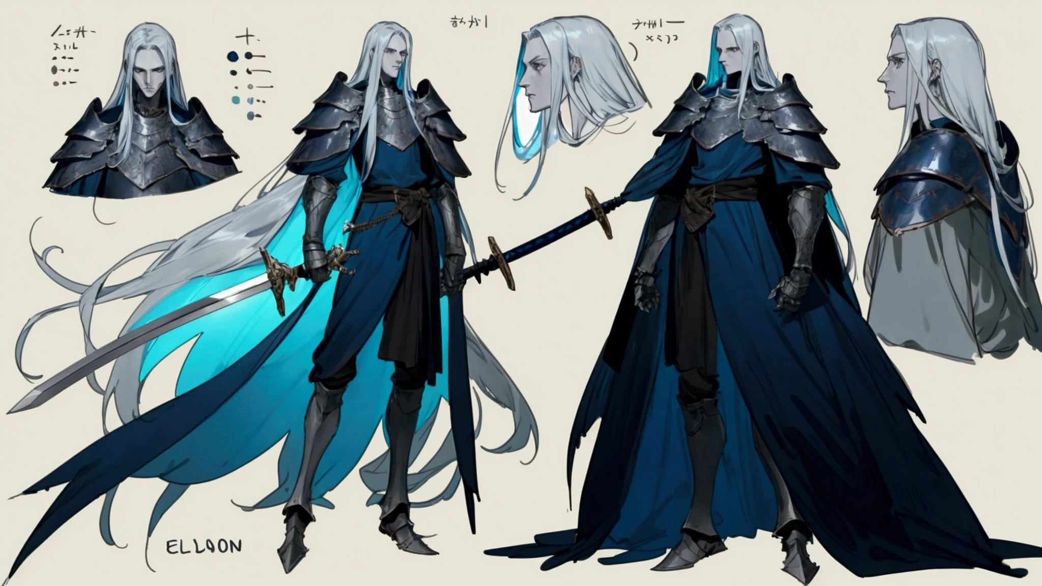 elden ring, dark souls, concept art sheet, items, weapons: A very tall/lanky, majestic, and skinny king wearing dark blue and silver armor, as well as adorning a very long curved sword and flowing white hair.