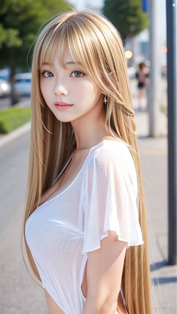 Sexy Big 、Sexy and cute look and cute 18-year-old beautiful girl, beautiful and sexy face、A strong wind blows my hair in front of my face、beautiful long blonde straight hair、beautiful, Cute and sexy eyes hidden behind long bangs