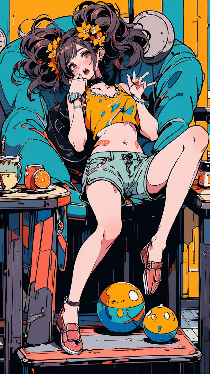 (masterpiece:1.2), Highest quality,Pixiv,Surprised girl,Portraiture,Tank top、18-year-old、Immediately after intense sex、Ecstasy、((((Midsummer clothes、Full body portrait))))、Shorts、Pop Art