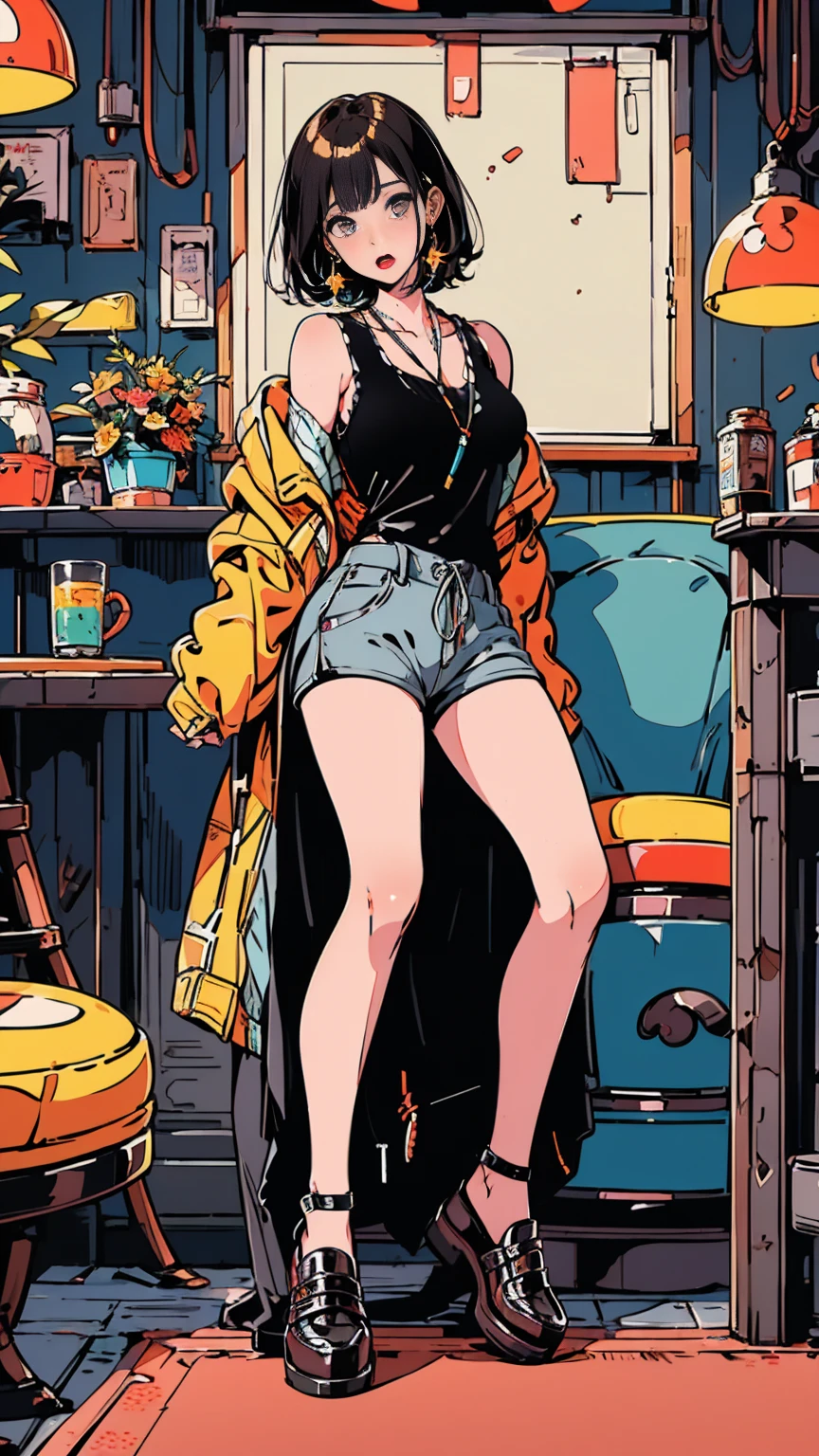 (masterpiece:1.2), Highest quality,Pixiv,Surprised girl,Portraiture,Tank top、18-year-old、Immediately after intense sex、Ecstasy、((((Midsummer clothes、Full body portrait))))、Shorts、Pop Art