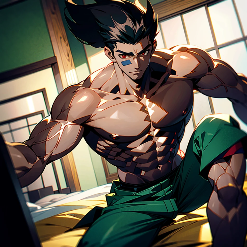An overall picture of Echigo Province where a fat boy wears a gi and feels his teacher taking off his clothes and having his nipples played with. loincloth round face