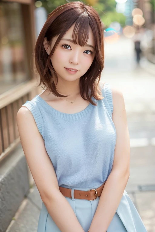 (Skin scars: 1.2), (Skin dents), Iris, woman1名22 years old, (woman))), alone, Realistic, Highest quality, Realistic, masterpiece, 8K, High resolution, alone, Highly detailed face, (Professional Lighting, Bokeh), (Particles of light, Lens flare, Luminous Particles: 0.6), (Dynamic pose: 1.2), Soft lighting, Top view, fashionable and trendy atmosphere, Japan, street, Tokyo, city, ((Daytime)), null, ((Viewer Perspective: 1)), (Camera Perspective), (Portraiture: 0.6), Cowboy Shot, cute, Nice, Adorable, nice, Standing posture, Maintain the original face proportions, Broad shoulders, whole body, (Explosives Box), (Medium Hair), Brown Hair, Floating Hair, lips, lipstick, seductive smile(Floating Hair, smile, Open your mouth, teeth, (Light blue sleeveless blouse), (Jumper skirt), eyelash, mole, (mole under the eyes: 1),