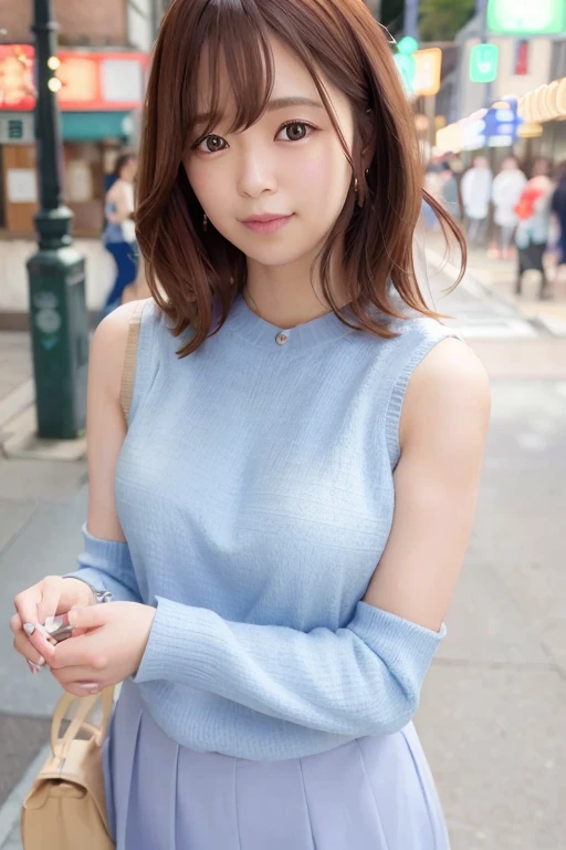 (Skin scars: 1.2), (Skin dents), Iris, woman1名22 years old, (woman))), alone, Realistic, Highest quality, Realistic, masterpiece, 8K, High resolution, alone, Highly detailed face, (Professional Lighting, Bokeh), (Particles of light, Lens flare, Luminous Particles: 0.6), (Dynamic pose: 1.2), Soft lighting, Top view, fashionable and trendy atmosphere, Japan, street, Tokyo, city, ((Daytime)), null, ((Viewer Perspective: 1)), (Camera Perspective), (Portraiture: 0.6), Cowboy Shot, cute, Nice, Adorable, nice, Standing posture, Maintain the original face proportions, Broad shoulders, whole body, (Explosives Box), (Medium Hair), Brown Hair, Floating Hair, lips, lipstick, seductive smile(Floating Hair, smile, Open your mouth, teeth, (Light blue sleeveless blouse), (Jumper skirt), eyelash, mole, (mole under the eyes: 1),