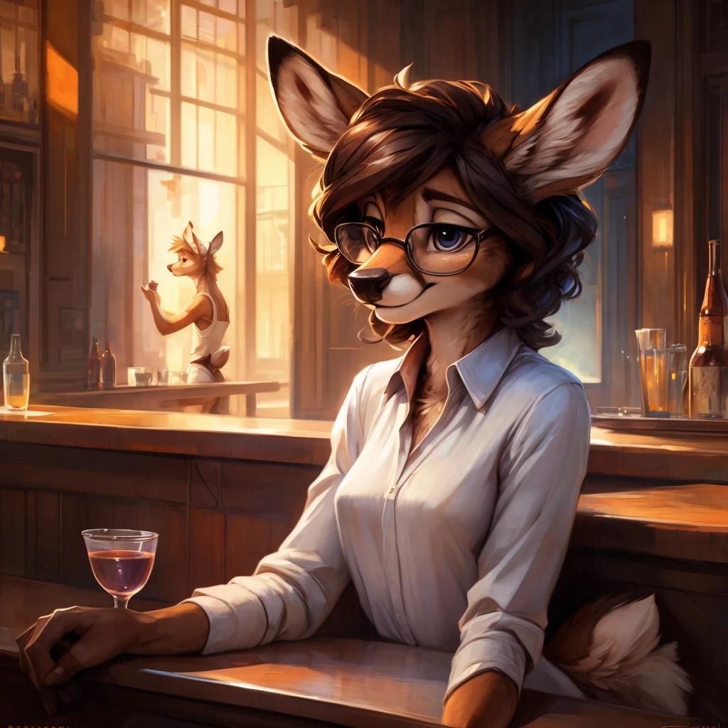 uploaded on e621, by Pixelsketcher, by Bayard Wu, by Thomas Benjamin Kennington , by Einshelm, by hioshiru and kenket, Chunie, portrait, solo anthro female deer doe, tiny featureless breasts, tiny breasts, clear dark blue, cinematic lighting, sitting on a bar counter, sitting inside at a party bar, night club background, shiny, short curly dark brown hair, shoulder length hair, wears big black nerd glasses, very very beautiful furry art, furry art, thoughtful, shiny, feminine, cute face, muzzle, fluffy chest, flawless face, Fallow deer, 1girl, Sakimichan is beautiful, Masterpiece, Wavethesallow Face, shiny, Detailed image, Detailed background, portrait, Detailed image, portrait, wears pure white wide, big blouse, shiny, realistic face, perfect anatomy, hourglass body, anthropomorphic deer, happy, very happy, small ears, huge black nerd glasses, wide happy eyes, smiles, big smile, holdind a cocktail glass, hourglass body, (furry body:1.1), anthropomorphic deer, small fluffy tail, detailed background, (cute anatomy:1.1), looks into the distance, sexy, sexy look
