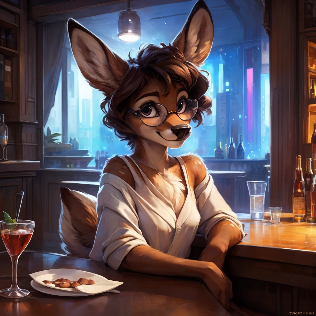 uploaded on e621, by Pixelsketcher, by Bayard Wu, by Thomas Benjamin Kennington , by Einshelm, by hioshiru and kenket, Chunie, portrait, solo anthro female deer doe, tiny featureless breasts, tiny breasts, clear dark blue, cinematic lighting, sitting on a bar counter, sitting inside at a party bar, night club background, shiny, short curly dark brown hair, shoulder length hair, wears big black nerd glasses, very very beautiful furry art, furry art, thoughtful, shiny, feminine, cute face, muzzle, fluffy chest, flawless face, Fallow deer, 1girl, Sakimichan is beautiful, Masterpiece, Wavethesallow Face, shiny, Detailed image, Detailed background, portrait, Detailed image, portrait, wears pure white wide, big blouse, shiny, realistic face, perfect anatomy, hourglass body, anthropomorphic deer, happy, very happy, small ears, huge black nerd glasses, wide happy eyes, smiles, big smile, holdind a cocktail glass, hourglass body, (furry body:1.1), anthropomorphic deer, small fluffy tail, detailed background, (cute anatomy:1.1), looks into the distance, sexy, sexy look
