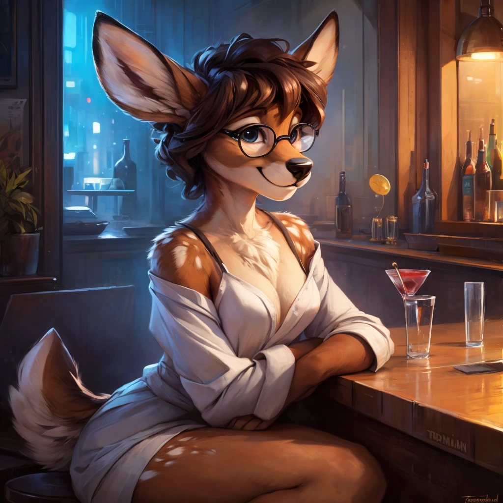 uploaded on e621, by Pixelsketcher, by Bayard Wu, by Thomas Benjamin Kennington , by Einshelm, by hioshiru and kenket, Chunie, portrait, solo anthro female deer doe, tiny featureless breasts, tiny breasts, clear dark blue, cinematic lighting, sitting on a bar counter, sitting inside at a party bar, night club background, shiny, short curly dark brown hair, shoulder length hair, wears big black nerd glasses, very very beautiful furry art, furry art, thoughtful, shiny, feminine, cute face, muzzle, fluffy chest, flawless face, Fallow deer, 1girl, Sakimichan is beautiful, Masterpiece, Wavethesallow Face, shiny, Detailed image, Detailed background, portrait, Detailed image, portrait, wears pure white wide, big blouse, shiny, realistic face, perfect anatomy, hourglass body, anthropomorphic deer, happy, very happy, small ears, huge black nerd glasses, wide happy eyes, smiles, big smile, holdind a cocktail glass, hourglass body, (furry body:1.1), anthropomorphic deer, small fluffy tail, detailed background, (cute anatomy:1.1), looks into the distance, sexy, sexy look