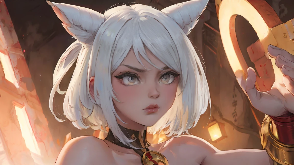 1 girl,  White hair, yellow eyes,   portrait, realistic, towel, (hit), Side lighting, wallpaper, NFV, White hair, yellow eyes,  (animal ears|red horn:0.85),navel,(masterpiece,Best quality:1.5),fiction, Raw photo, best photo, best photo quality, 8K quality, 8k ultra, bright skin, (Bright eyes), detailed eyes, beautiful hair