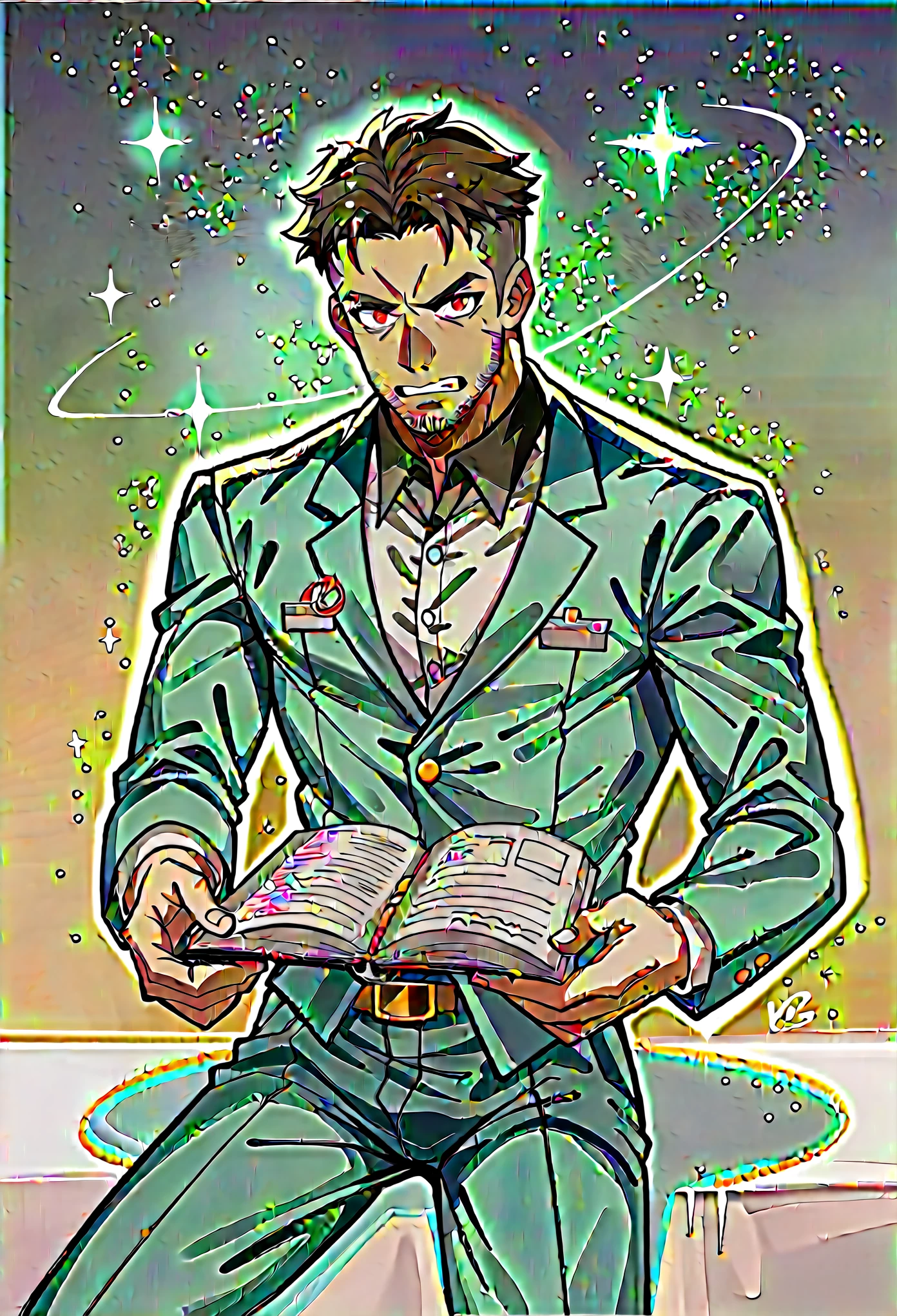 Draw a young programmer, sitting on a research platform floating in the middle of an asteroid belt. He is studying with a notebook, surrounded by several asteroids glowing with fiery auras. Dramatic lighting from distant stars and planets illuminates the scene, casting deep shadows on the suit. The young man looks confident and determined, looking at the vast and mysterious universe with wonder and respect,facial hair, cowboy shot,