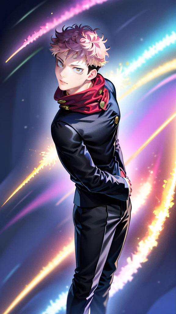 A handsome, dashing young man in the manga series "Jujutsu Kaisen" named, Ita Doti Yuji with his characteristic clothes, black hoodie, and red shoes, with HD, 4K anime photo resolution quality. with a backdrop of sparkling light, body-saving fantasy, as well as dynamic effects, an urban, cyberpunk, atmosphere.
