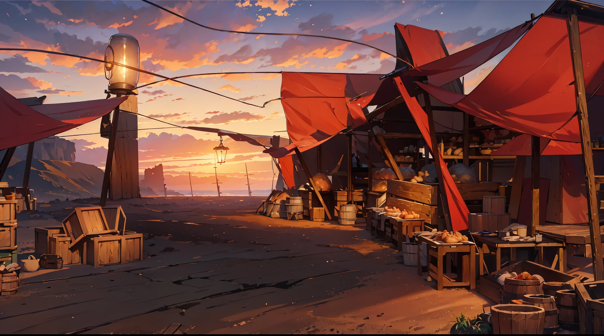 (masterpiece:1.2), (best quality,:1.2), 8k, HDR, ultra detailed, traditional meat market, sand ground, butchery, super big rock farr away, tower made of sharp animal bone, market tents, canopy, market stall, hanging wires, (selling weird foods, odd plants in the wooden boxes, hanged meat in butchery, animal bones, monster meats on the table, goods on the shelf), wooden boxes, wooden barrel, lamp, dawn sky, display case, (daybreak sky, dawn sky, dark morning sky),