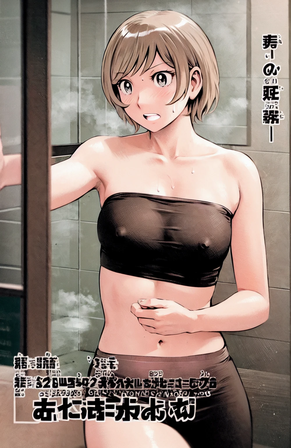 、(masterpiece、Highest quality)、Highest quality, Ultra-high resolution, (((masterpiece))), alone, Sweat、Big eyes, Composition from the front、Shortcuts、Embarrassed face、Bronze colored hair、Cut the back hair short、Bathroom、Shower scene、 Expose、Completely naked、pubic hair、belly button、Large areola、Nipples、short hair